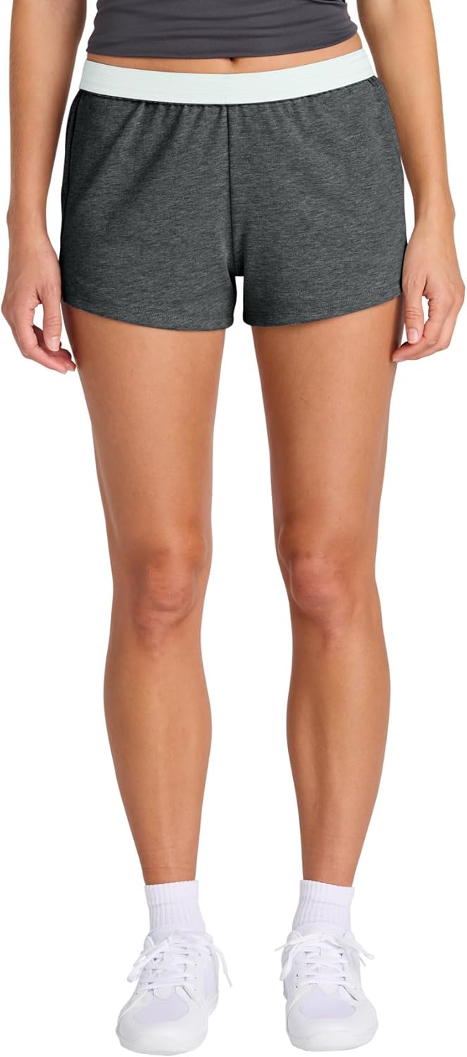 Women’s Jersey Knit Shorts by Brand Name displayed on a gym bench with a yoga mat and water bottle