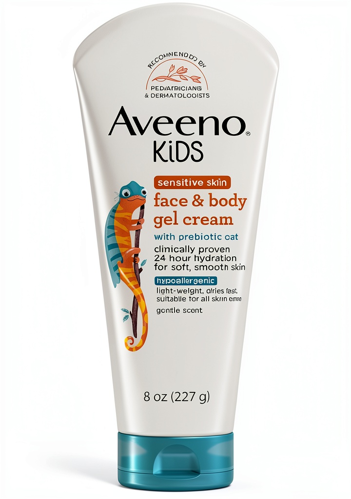 Child applying Aveeno Sensitive Skin Gel Cream in a bathroom
