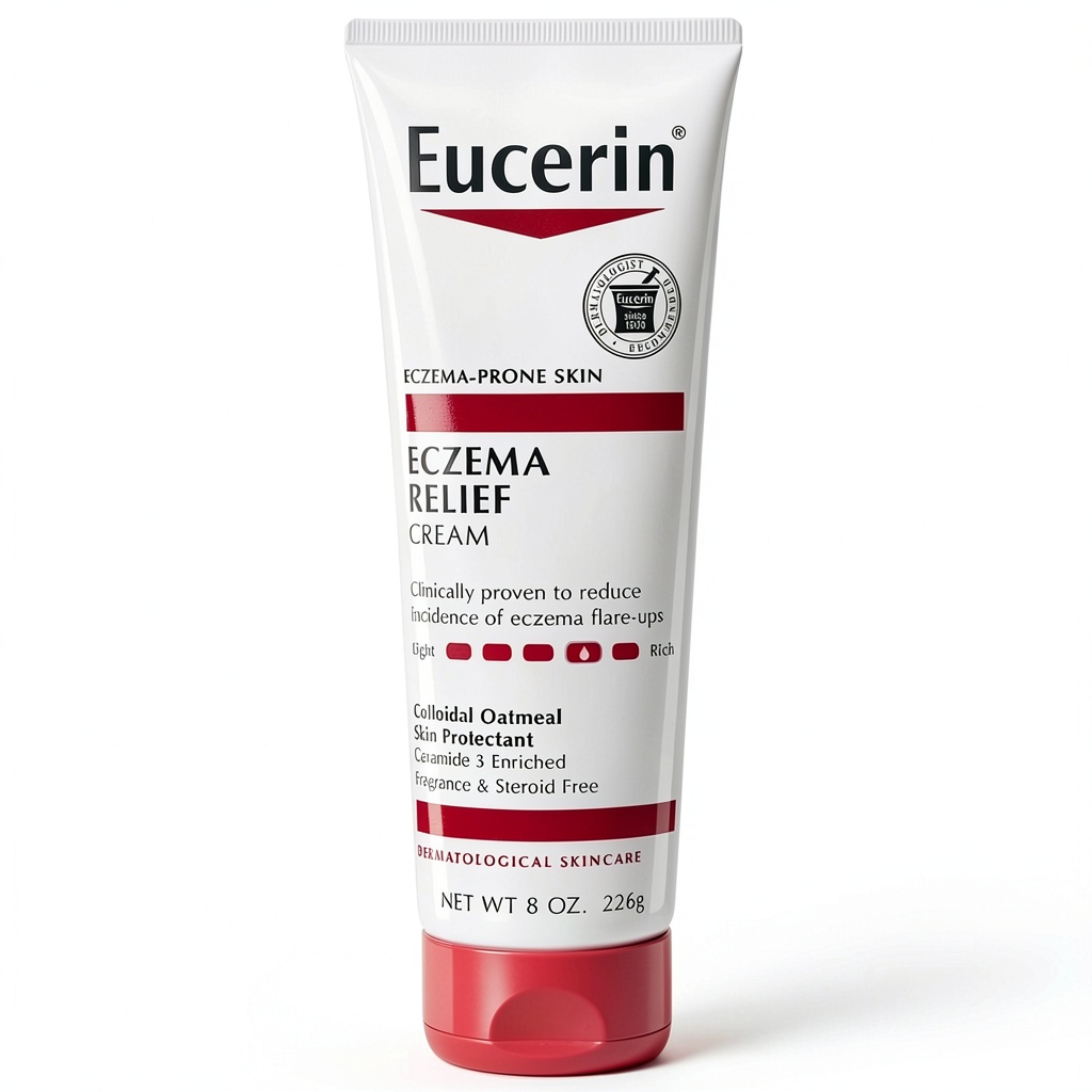 Eucerin eczema relief body cream 24hr Hydration tube opened on a bathroom countertop
