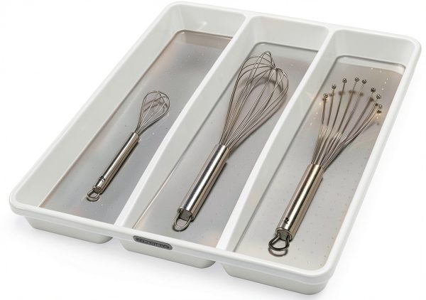 madesmart Classic Large Utensil Tray, Soft Grip, Non-Slip Kitchen Drawer Organizer, 3 Compartments, Multi-Purpose Home Organization, BPA Free, White-1